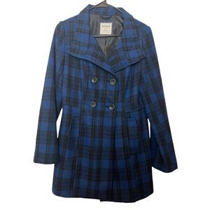 Old Navy Blue and Black Plaid Peacoat Small